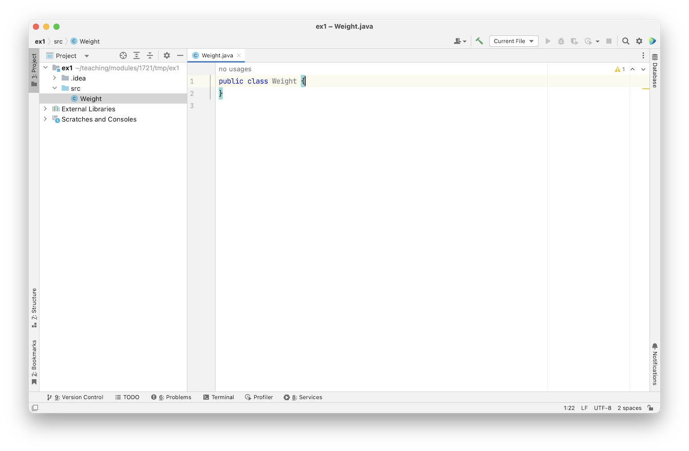 IntelliJ window after creation of a Java class